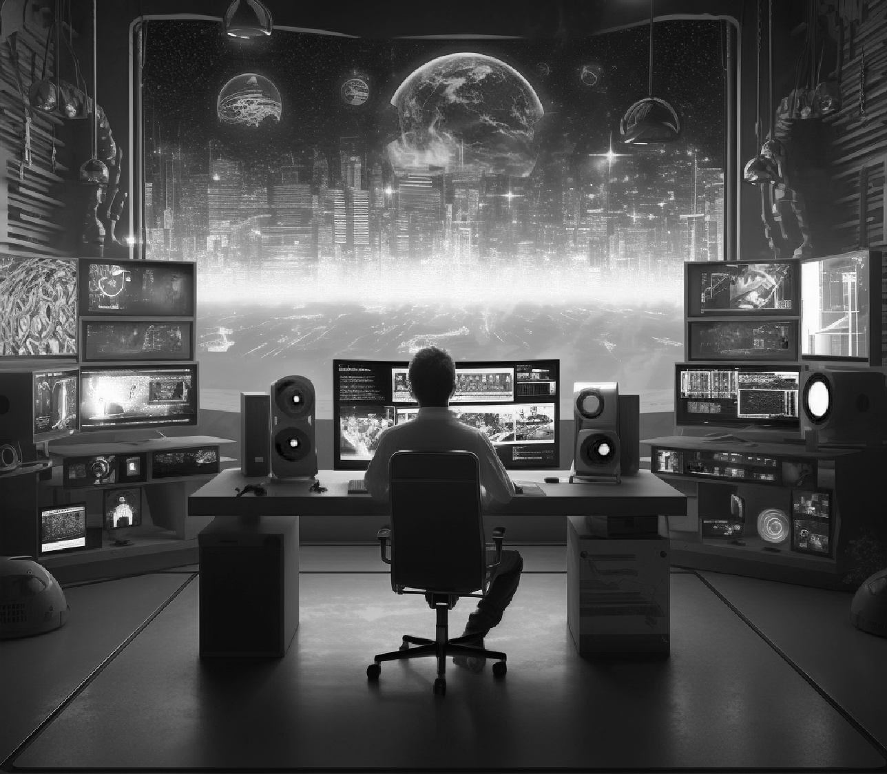Third Media Web3 Marketing person on desk in front of cityscape view
