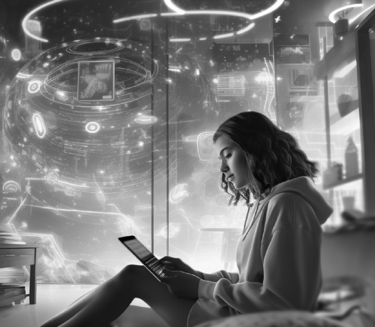 Third Media Web3 Marketing Person sitting on computer in cityscape